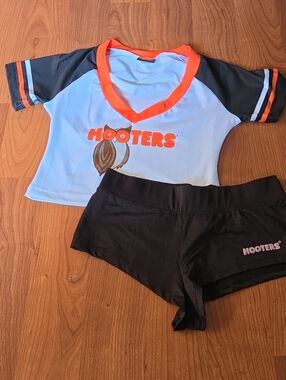 Hooters small  booty shorts and crop football jersey set